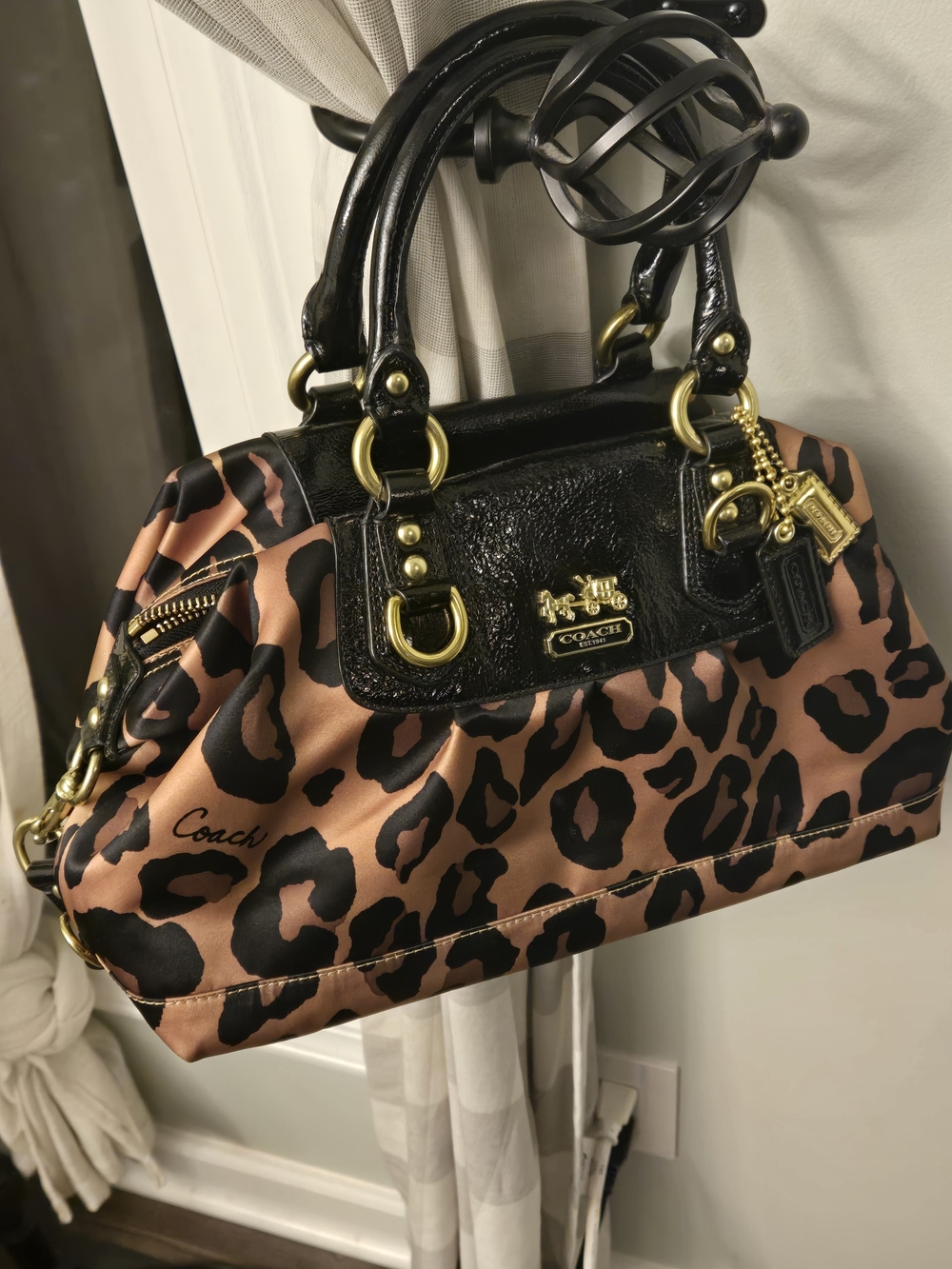 Coach Leopard-Print Satchel in Brown and Black with Gold Hardware